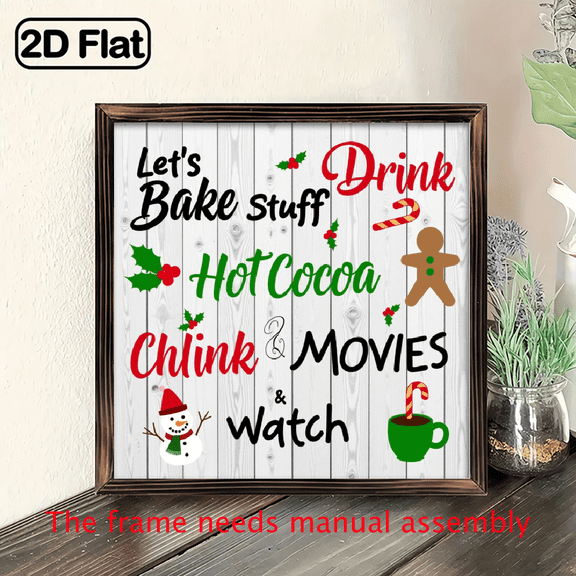 2D Flat, 1pc Vintage Christmas Bakery Sign - Let's Bake Stuff, Hot Cocoa Watch Movies - Rustic Farmhouse Decor with Red Green Colors - Wooden Plaque for Kitchen, Cafe, Living Room - 8x8 Inch Holid