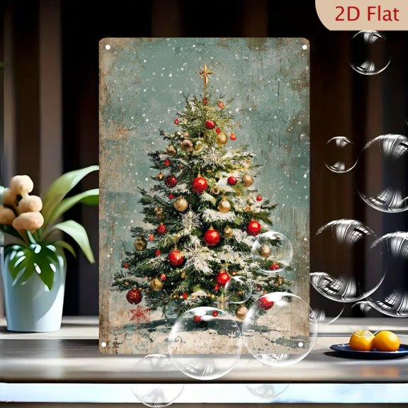 2D Flat, 1pc Vintage Christmas Tree Tinplate Frame Sign - Rustic Wall-Mounted Indoor Outdoor Decoration with Pre Drilled Holes, Durable Tree Shape Sign. 12*8 in