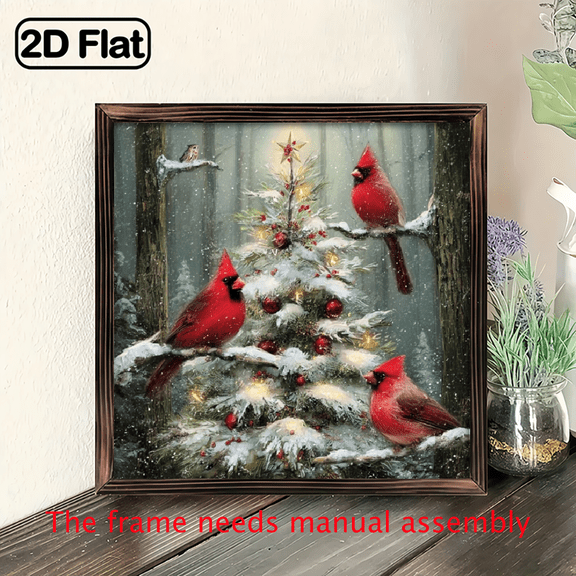2D Flat 1pc Vintage Christmas Wall Art - Red Birds on Snowy Tree Painting, Rustic Farmhouse Decor with Framed Wooden Sign, 8x8 Inch Indoor Outdoor Holiday Decoration.