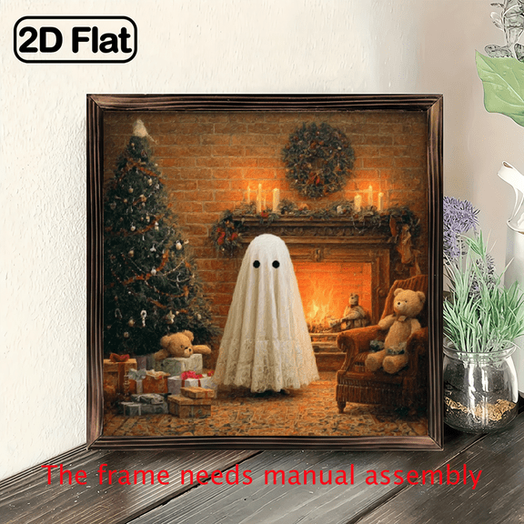 2D Flat, 1pc Vintage Christmas Wall Art - Whimsical Ghost in Festive Setting with Glowing Fireplace Holiday Decorations, 8x8 Inch Wooden Framed Sign, Spooky Cozy Home Decor for Christmas Halloween