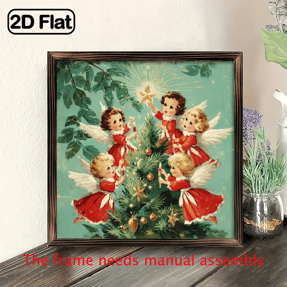 2D Flat, 1pc Vintage Christmas Wall Decor - Rustic Farmhouse Angel Painting with Red Golden Accents, Small Framed Wooden Sign (8x8 inches) for Home, Kitchen, Cafe - No Electricity Needed, Ideal Ho