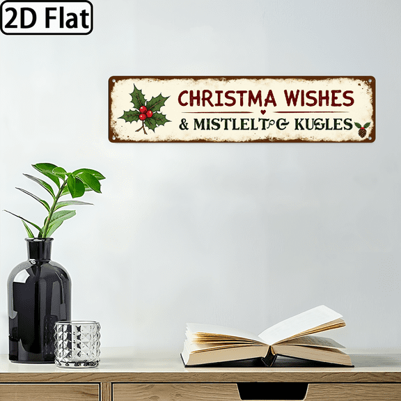 2D Flat, 1pc, Vintage Christmas Wishes Mistletoe Kisses Sign Christmas Theme Wall Hanging Vintage Style Wall Decor for Christmas Decorations, Home, Living Room, Christmas Gifts, Decorative Sign,
