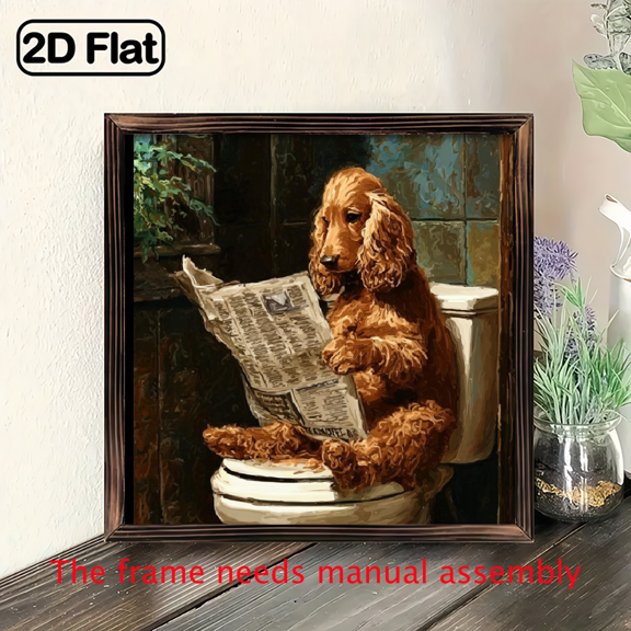 2D Flat, 1pc Vintage Cocker Spaniel Reading Newspaper on Toilet Frame Wooden Sign - Rustic Wall Art for Bathroom, Living Room, Bedroom, Office, Farmhouse Decor, 8x8 Inch, Recycled Wood, No Battery
