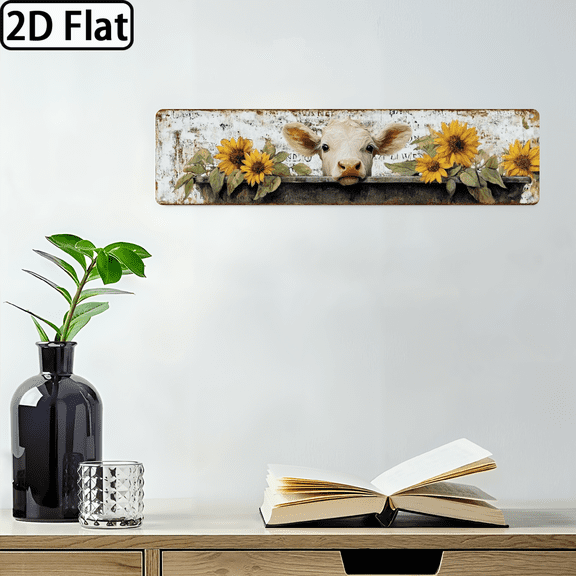 2D Flat, 1pc Vintage Cow Sunflower Metal Sign - Rustic Aluminum Wall Decor, 16x4, Frameless, Animal-Themed Art for Home, Farmhouse, Porch, Bedroom - Ideal Summer Gift, Cow Decor.