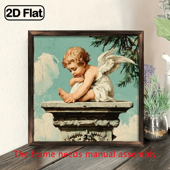 2D Flat 1pc Vintage Cupid Angel Painting - Elegant Angel with Wings, Framed Wooden Wall Art Sign - Pre-Drilled Holes for Easy Hanging - Christmas, Valentine's, Farmhouse, Bathroom, Bedroom, 8*8in