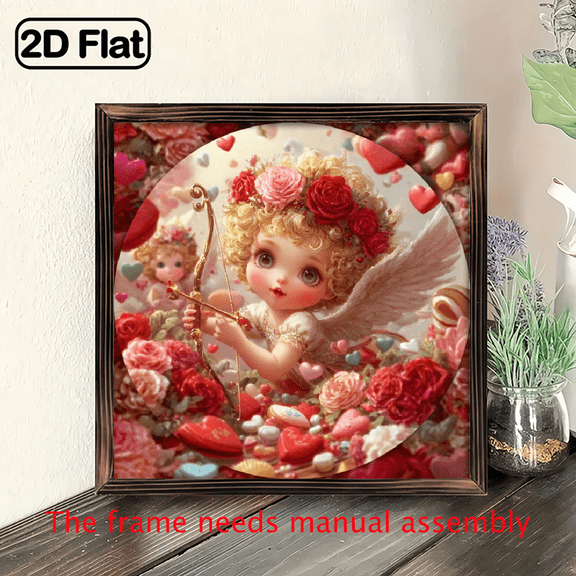 2D Flat, 1pc Vintage Cupid Wall Decor - Romantic Floral Hearts Design, Pink Roses - Heavy-Duty Metal Sign - Cupid with Bow Arrow - IndoorOutdoor Decoration for Valentine's Wedding Anniversary - Ea