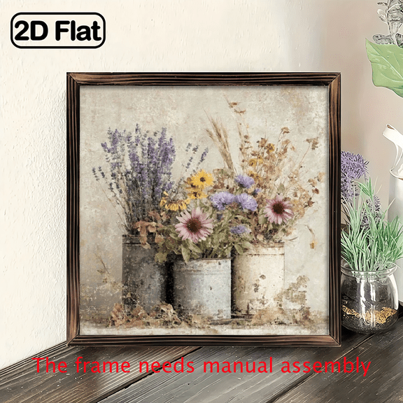 2D Flat, 1pc Vintage Dried Flower Arrangement in Rustic Wooden Frame Wall Art - 8x8 Inch Farmhouse Decor for Bedroom, Living Room, Kitchen, Office - Antique Home Decoration Sign, Rustic Home Decor