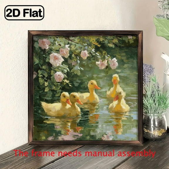 2D Flat, 1pc Vintage Duck Art Print, Spring Landscape Painting, Antique Artwork of Ducks, Bird Artwork for Home Wall Decor, DecorativeSign, Plaque, 8x8 inch.