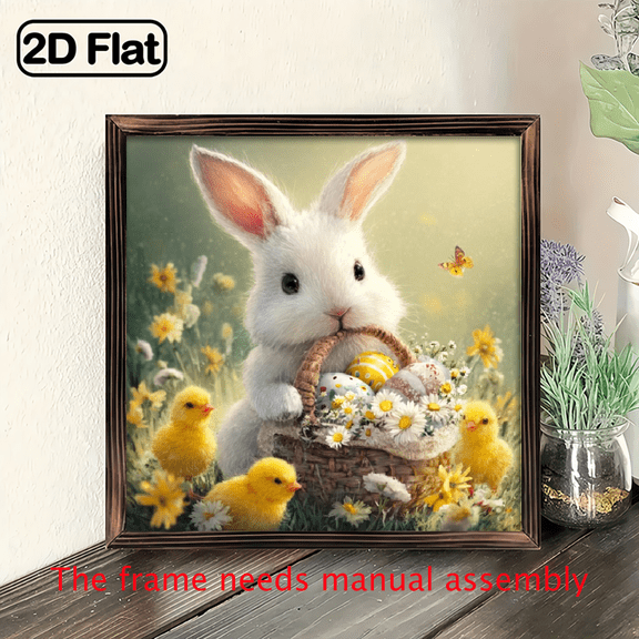 2D Flat, 1pc Vintage Easter Bunny with Basket of Eggs - Chicks Eggs Wall Hanging Sign, Farmhouse Spring Decoration Suitable for Easter, WoodFrame, 2D Flat Chicks Eggs, Spring Egg Hunt Basket, 8x8