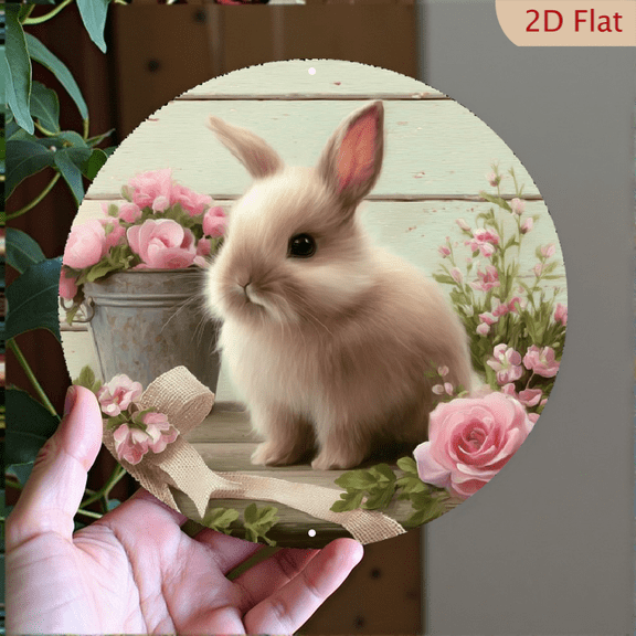2D Flat, 1pc Vintage Easter Bunny Wreath Sign, Round 2D Flat Printed Metal Plaque, Family Themed Door Mount Decor for Home, Window, Porch, Room, Wall, Multipurpose for Bedroom, Office, Living Room