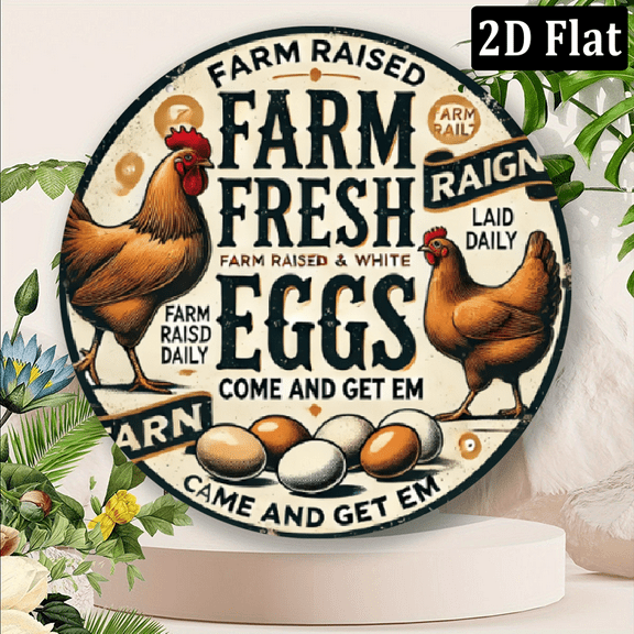 2D Flat, 1pc Vintage Farm Fresh Eggs Sign - Rustic Chicken Rooster Decor with Farm Raised White Humor - Distressed Wall Art for Kitchen, Home, Market, or Farmhouse, Chicken Coop Accessories, 8*8in