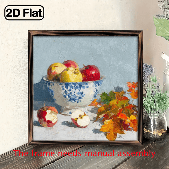 2D Flat, 1pc Vintage Farmhouse Apple Still Life Wall Art - Red, Green, Yellow, Golden, Blue, Floral Accent - Wood Framed Painting - Easy Hang with Pre-Drilled Holes - Kitchen, Living Room, 8*8in