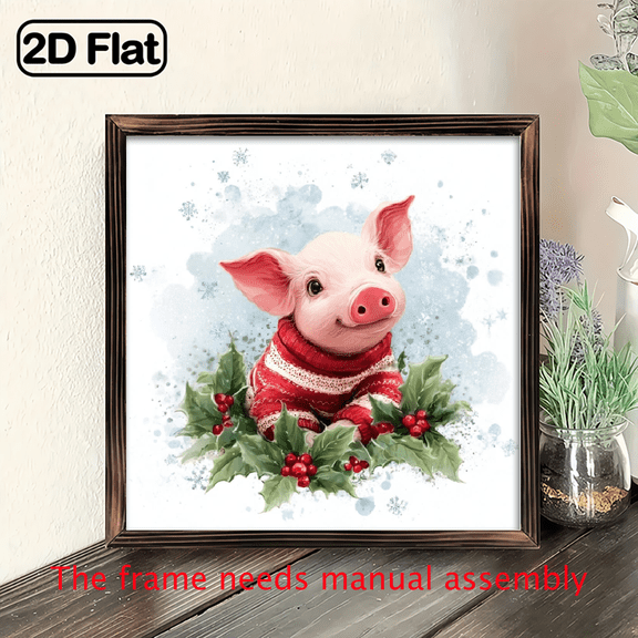 2D Flat, 1pc Vintage Farmhouse Christmas Pig Framed Wood Sign - Rustic 8x8 Inch Wall Decor with Red Sweater Snowy Background, 2D Flat Printed Holiday Art for Home, Office, Easy Hang, Perfect For T