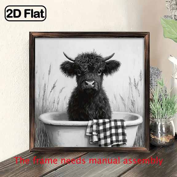 2D Flat, 1pc Vintage Farmhouse Highland Cow in Bucket Art Print - Black White Rustic Wooden Framed Poster, Easy Hang Hooks for Country Home Decor - Farmhouse Wall Art for Living Room, Kitchen, Bat