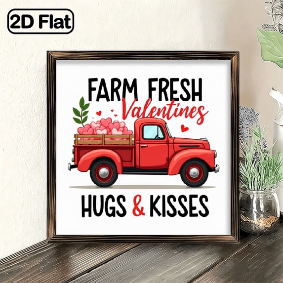 2D Flat 1pc Vintage Farmhouse Hugs Kisses Valentines Wood Sign - Wood Frame Wall-Mounted 8x8 Inch Retro Plaque Suitable for Valentine's Day, Farmhouse Wall Decor, Rustic Living Room, Bedroom, Ca