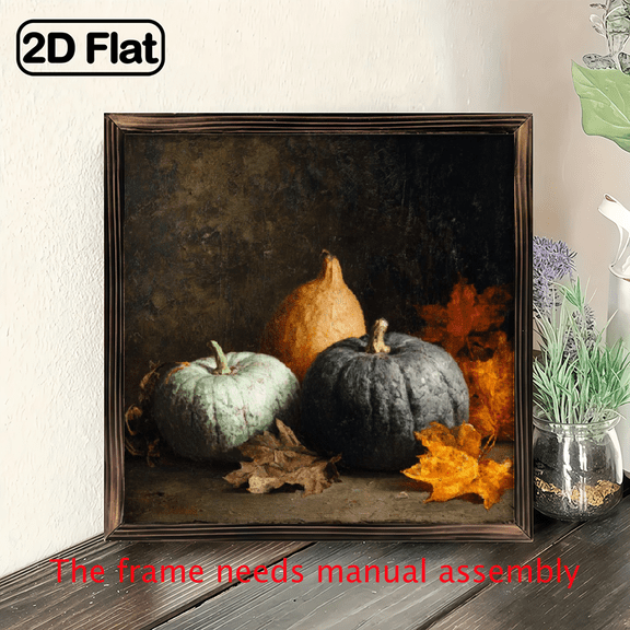 2D Flat, 1pc Vintage Farmhouse Pumpkin Wall Art - Rustic Fall Decor with Dark Background, Recycled Wood Framed Hanging Sign for Halloween, Kitchen, Living Room - Easy Hang Installation, 8*8in