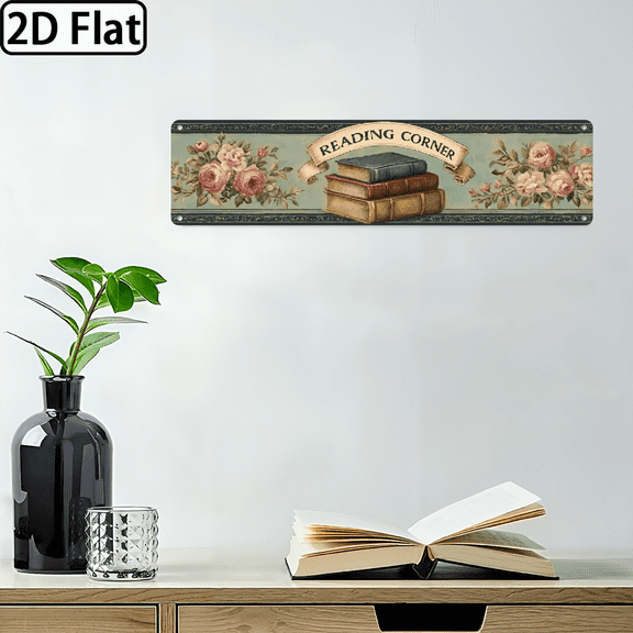 2D Flat, 1pc Vintage Farmhouse Reading Nook Sign - Extra Long 16x4in Bookshelf Decor with Floral Accents - Rustic Iron Library Plaque for Home.