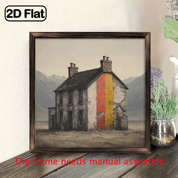 2D Flat, 1pc Vintage Farmhouse Wall Decor - Autumn Cottage with Reddish-Brown Grayish-Blue Mottled Walls - Easy Hang Installation, Rustic Cabin Art for Living Room, Kitchen, Office8*8in