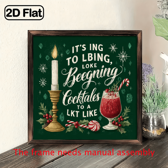 2D Flat, 1pc Vintage Farmhouse Wooden Plaque - Rustic It's Beginning to Look a Lot Like Roostertails Wall Tabletop Sign with Holly Martini Design, Dark Green Red Lettering, Christmas New Year's Ev