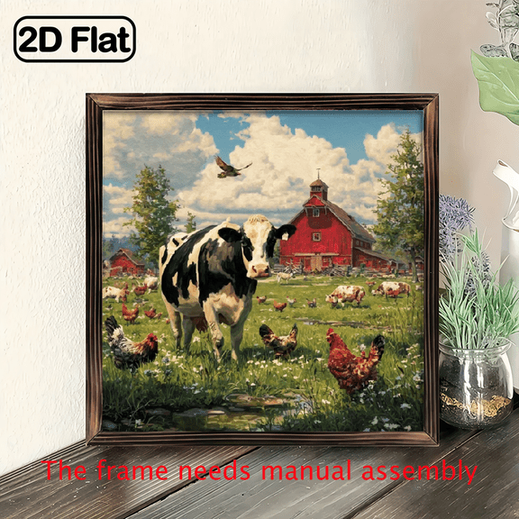 2D Flat, 1pc Vintage Farmhouse Wooden Wall Art Sign 8x8 Inch - Rustic Cow Chicken Pastoral Scene with Red Barn, Artificial Wood Home Office Decor, Unique Gift for Christmas Birthdays Housewarming,