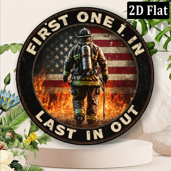 2D Flat, 1pc Vintage Firefighter Metal Wreath Sign - First One In, Last One Out 8-Inch Round Aluminum Wall Decor with American Flag Flames Design for Home, Office, Cafe, Restaurant8*8in