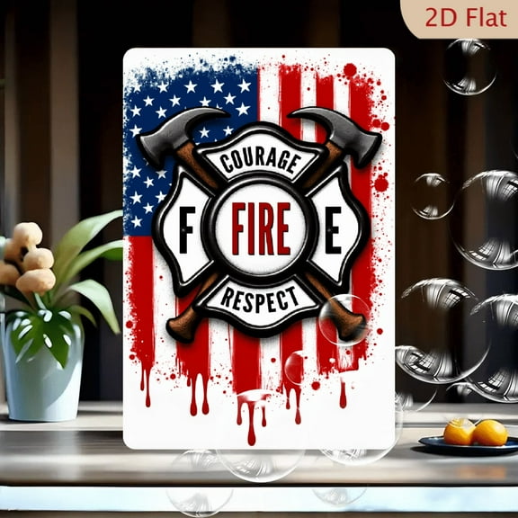 2D Flat, 1pc Vintage Firefighter Tribute Metal Sign - Patriotic American Flag Fire Emblem Wall Art with Courage Fire Respect Design, Rustic iron Home & Outdoor Decor, No Electricity Required 8*12inch