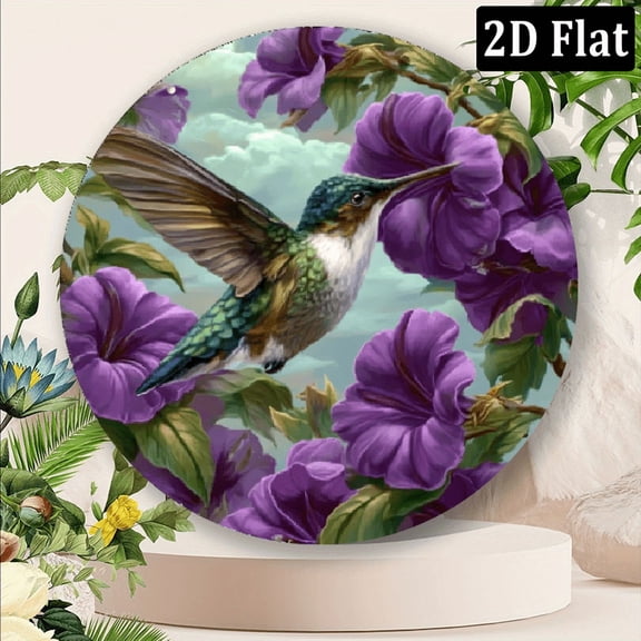 2D Flat, 1pc Vintage Floral Hummingbird Wall Decor - Rustic Farmhouse Metal Plaque with Purple Flowers, 8x8 Inch Indoor Outdoor Decoration for Living Room, Patio, Garden No Wiring Needed