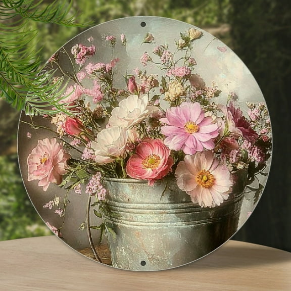 2D Flat, 1pc Vintage Floral Metal Wall Art - Rustic Pewter Aluminum Round Sign with Romantic Flower Pot Design, 2D Printed Bohemian Home Decor for Indoor/Outdoor Use in Home, Restaurant, Cafe, Garage