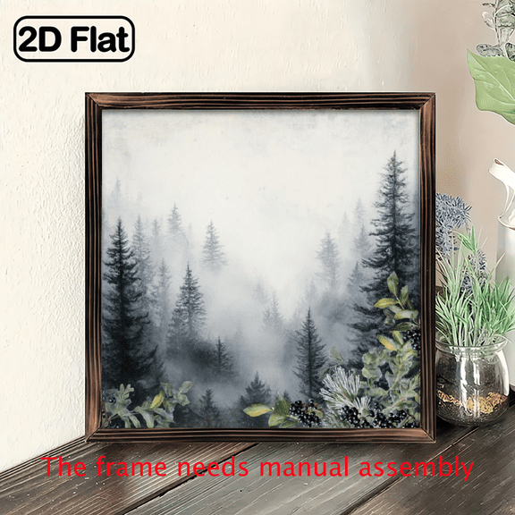 2D Flat, 1pc Vintage Foggy Forest Wall Art - 8x8 Inch Artificial Wood Framed Painting with Pine Trees Misty Forest Scene, 2D Flat Print Wall Decor for Living Room, Bedroom, Office