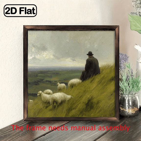 2D Flat, 1pc Vintage Frame her flock of sheep sitting on the edge of an English countryside in the style of an oil painting, for Living Room Home Walls Decoration with 8x8 Inch, Room Decor.