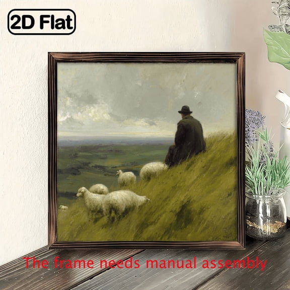2D Flat, 1pc Vintage Frame her flock of sheep sitting on the edge of an English countryside in the style of an oil painting, for Living Room Home Walls Decoration with 8x8 Inch, Room Decor.
