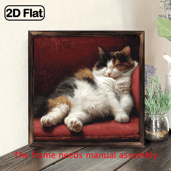 2D Flat, 1pc Vintage Framed Chubby Cat Painting Art, Whimsical Fat Cat Portrait Wall Decor for Cat Enthusiasts, Ideal for Living Room Home Decor, Decorative Sign, Plaque, Perfect for Christmas