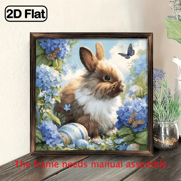 2D Flat, 1pc Vintage Framed Easter Bunny Wall with Blue Hydrangeas - Spring Eggs Decoration, Engineered Wood Sign Suitable for Easter Spring Decor, Living Room, Bedroom, 8x8 Inch Decorative Signs