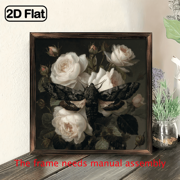 2D Flat, 1pc Vintage Framed Moth White Roses Oil Painting - Dark Botanical Wall Art, 8x8 Inch Square TabletopDesk Decor, Farmhouse Gothic Moth Sign for Christmas, Halloween, New Year Gifts, Antiqu