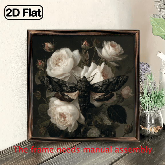 2D Flat, 1pc Vintage Framed Moth White Roses Oil Painting - Dark Botanical Wall Art, 8x8 Inch Square TabletopDesk Decor, Farmhouse Gothic Moth Sign for Christmas, Halloween, New Year Gifts, Antiqu