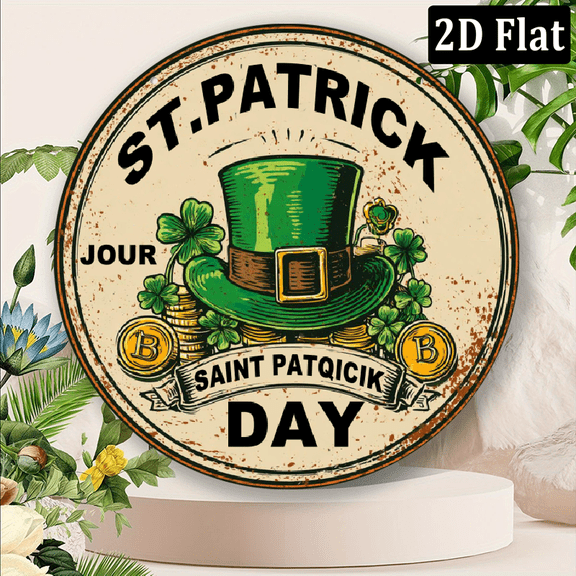 2D Flat, 1pc Vintage French Saint Patrick'S Day Metal Wall Decor - 8x8 Inch Round Aluminum Sign with Clover.