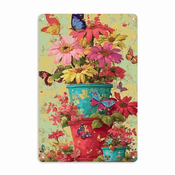 2D Flat 1pc Vintage Garden Metal Tin Sign 8x12 Inch Floral Butterfly Foil Carving Wall Art, Rustic Indoor Outdoor Decor for Home, Office, Garage No Electricity Needed, Bar Decoration Floral Design