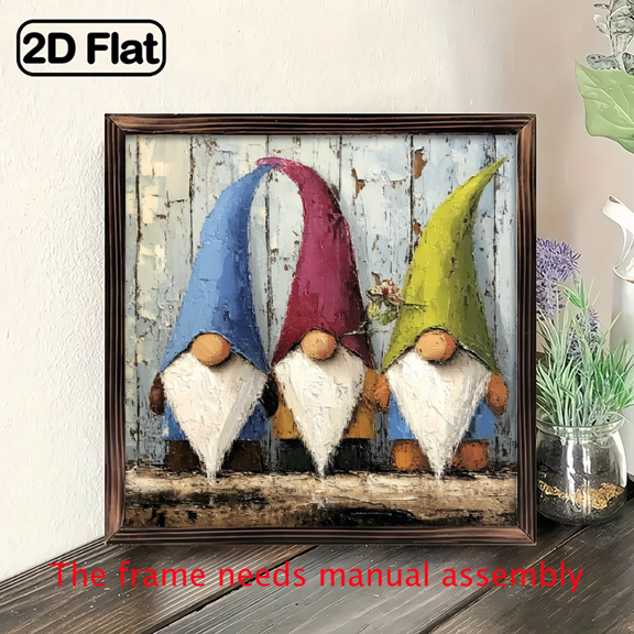 2D Flat, 1pc Vintage Gnome Trio Wooden Framed Wall Art - 8x8 Inch Whimsical Christmas Halloween Decor, Rustic Home Decor for Living Room, Entryway, Kitchen - Easy to Hang, Gnome Christmas Decor, E