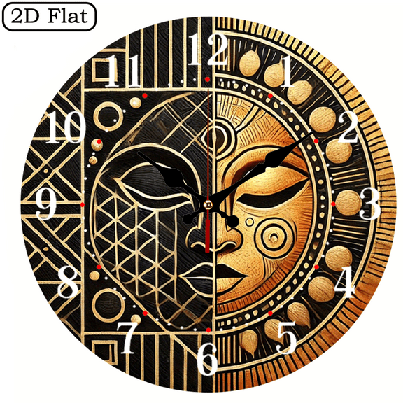2D Flat 1pc Vintage Golden African Mask Design Silent Wall Clock - Wooden, Ideal for home, Office Decor, Perfect Christmas or New Year Gift, Room Decoration, Birthday Gift for Lovers 10Inch