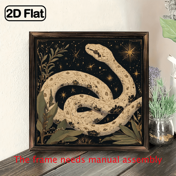 2D Flat 1pc Vintage Golden Celestial Snake Wall Art - Handcrafted Recycled Wood Frame, 8x8 Inch Black Golden Starry Night Design for Bedroom, Living Room, Decorative plague, Perfect Festive Gift F