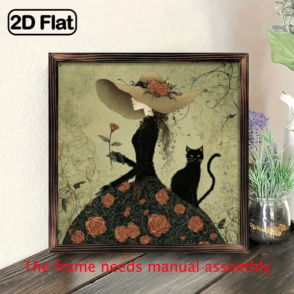 2D Flat, 1pc Vintage Gothic Witch with Black Cat and Roses 8x8 Inch Wooden Wall Art - Rustic Witchcraft Decor for Halloween, Bedroom, Living Room, Dark Academia Aesthetic, Halloween Decorations, 2