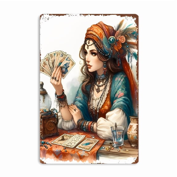 2D Flat 1pc Vintage Gypsy Fortune Teller Metal Wall Art, Bohemian Decorative Sign with Colorful Jewelry &amp; Tarot Cards Design - Ideal for Cafe, Restaurant, Home, Office - Easy to Hang, 8x12 Inch