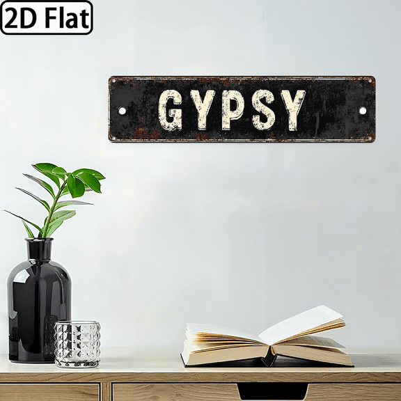 2D Flat, 1pc Vintage Gypsy Metal Sign - 4x16 Inch Iron Wall Art with Distressed Black White Design, Perfect for Home Decor in Kitchen, Bar, Cafe, Garage.