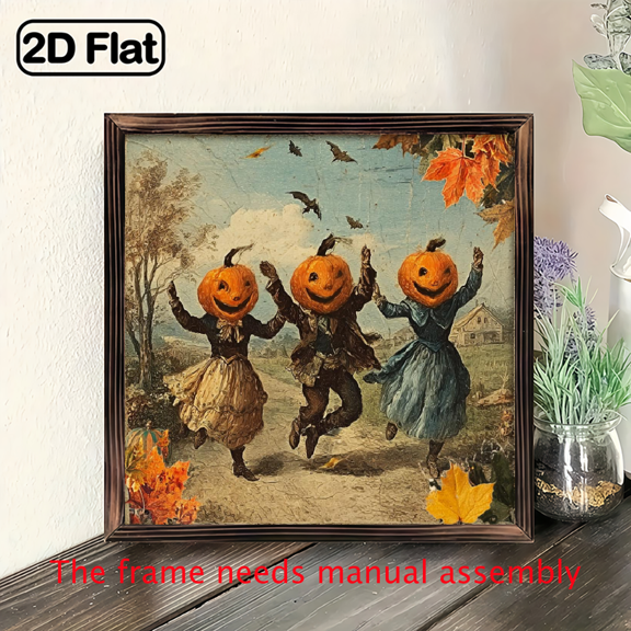 2D Flat, 1pc Vintage Halloween Dancing Pumpkins Wood Framed Sign - Rustic Farmhouse Wall Decor with Dancing Pumpkins, Autumn Harvest Theme - Easy Hang with Pre-Drilled Holes - Perfect for Living R