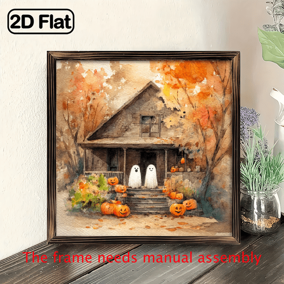 2D Flat, 1pc Vintage Halloween Ghosts Pumpkins Wood Framed Wall Art - 8x8 Inch Rustic Farmhouse Decor with Haunted House, Autumn Leaves Jack-O'-Lanterns, Artificial Wood Sign for Kitchen, Bedroom,
