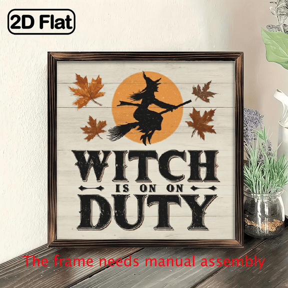 2D Flat, 1pc Vintage Halloween Wooden Framed Wall Sign The Witch Is On Duty - 8x8 Inch Recycled Wood Hanging Decor with Bats, Pumpkins Witch Design for Farmhouse, Living Room, Bedroom, Kitchen