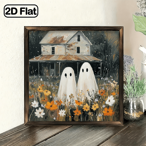 2D Flat, 1pc Vintage Halloween Wooden Wall Decor - Spooky Ghosts, Wildflowers, Haunted House - Rustic Farmhouse Decoration - Easy Hang with Pre-Drilled Holes - No Electricity Needed - Perfect fo