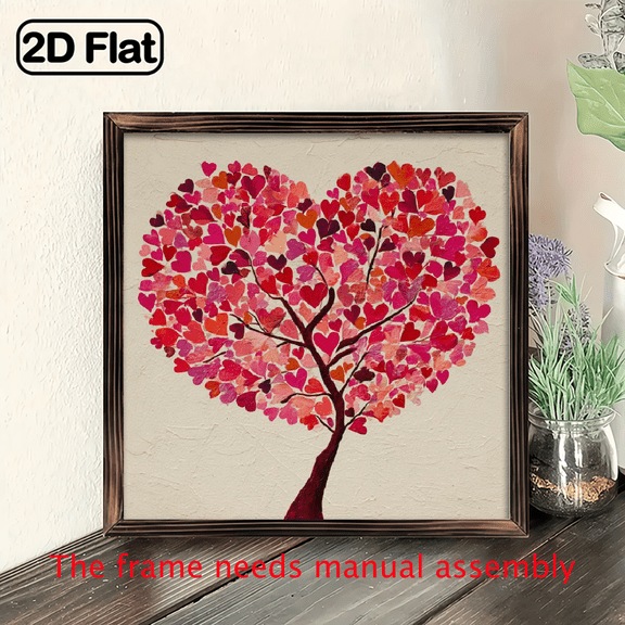 2D Flat, 1pc Vintage Heart-Shaped Tree of Love Wall Art - Wood Framed Sign Suitable for Wedding, Anniversary, Valentine's Day Decor - Wood Frame, 8x8 Inch.