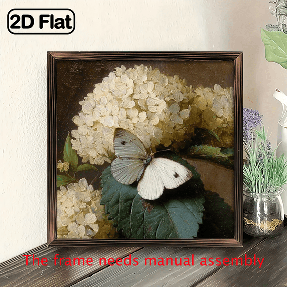 2D Flat, 1pc Vintage Hydrangea Lilac-like Floral Wood Framed WallTabletop Decor - 8x8 Inch (20x20cm) Frame with White Beige Flowers, Green Foliage - Farmhouse, Shabby Chic, Boho Home Decoration -