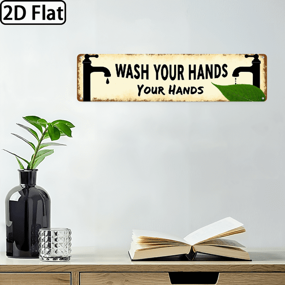 2D Flat, 1pc Vintage Industrial WASH YOUR HANDS Metal Sign - Heavy-Duty Iron Bathroom, Kitchen, Office, School, Restaurant Decor - Antique Plumbing Faucet Graphic - Easy Hang Installation 4x16 Inch